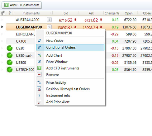 Screenshot depicting how to add a conditional order in Delta Trading