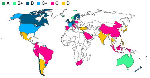 Pension plans map | Source: Mercer CFA Institute Global Pension Index