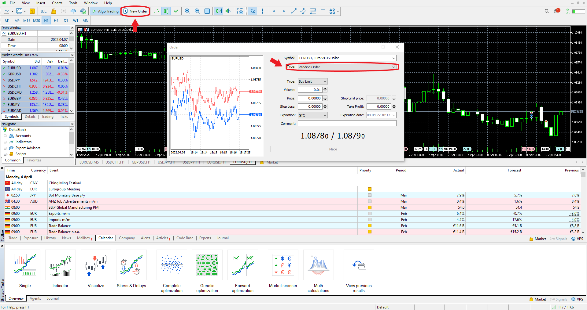 Deltastock MetaTrader 5 - choosing pending orders