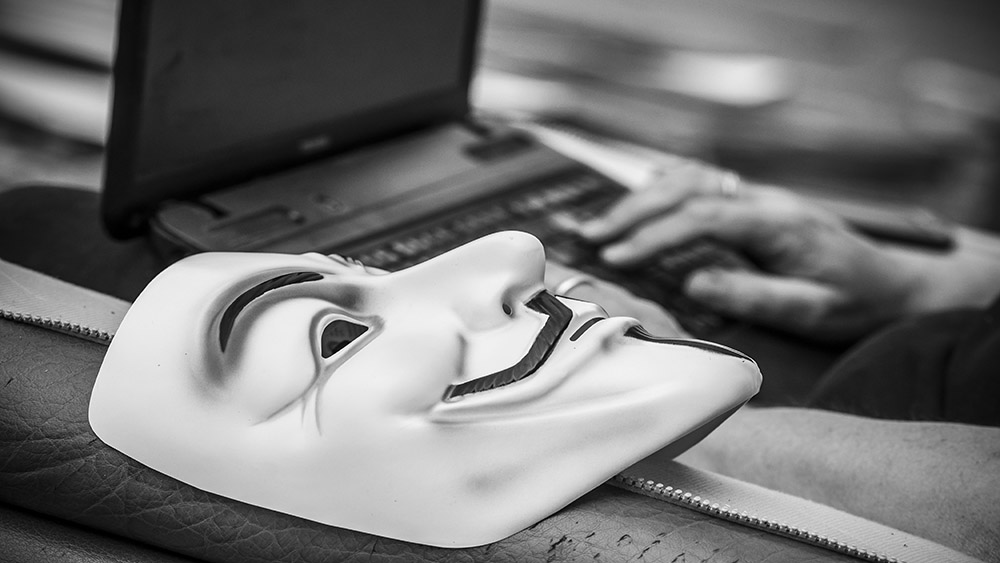 Woman on laptop sitting next to Anonymous mask